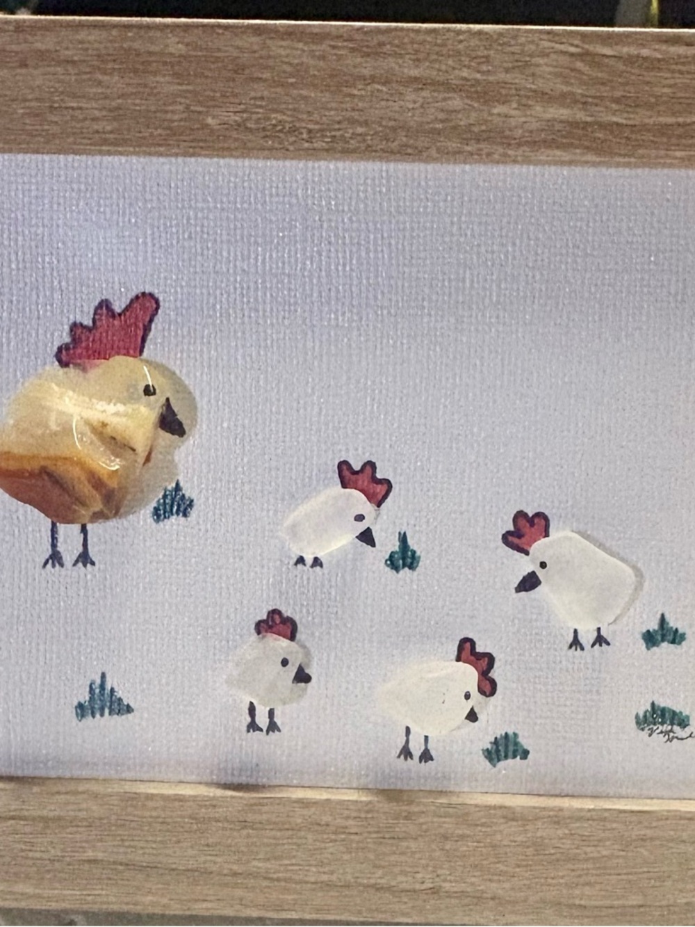 Sea glass and natural stone wall decor, chickens, 4in x 6 in handmade